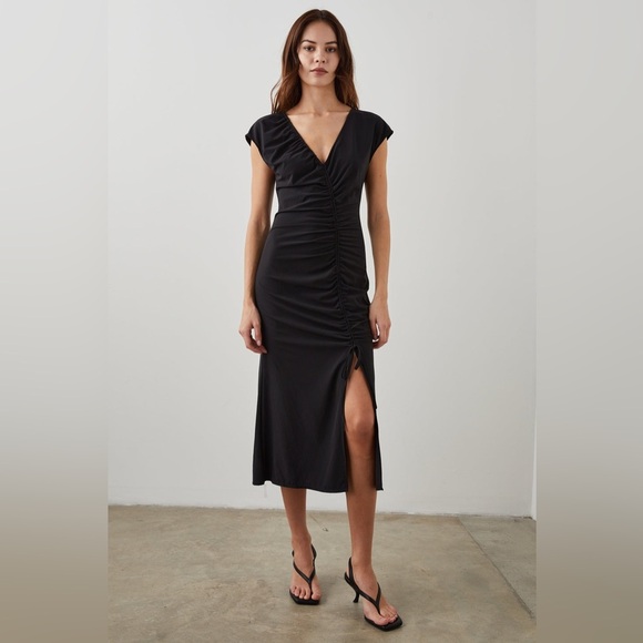 NWT Rails Auren V-Neck Ruched Slit Midi Dress Black Size XS - Picture 1 of 10